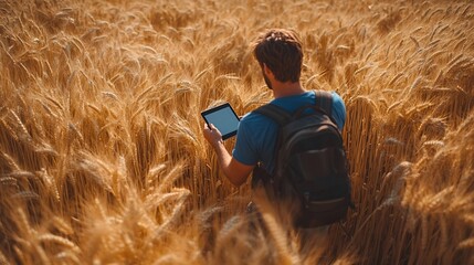 Aufkleber - Farmer using tablet in wheat field View from above of a farmer in blue shirt using a tablet in a young wheat fieldHigh quality photo : Generative AI