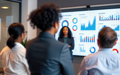 Wall Mural - black woman presenting at office in front of screen with data charts diversity and inclusion