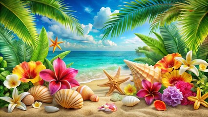 Wall Mural - Vibrant summer beach scene with colorful palm trees, seashells, and tropical flowers on a watercolor-style background, perfect for designing eye-catching holiday party invitations.