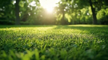 Closeup of beautiful green lawn in park Action Movement on surface of green lawn in park on sunny summer day Beautiful manicured lawn in park : Generative AI