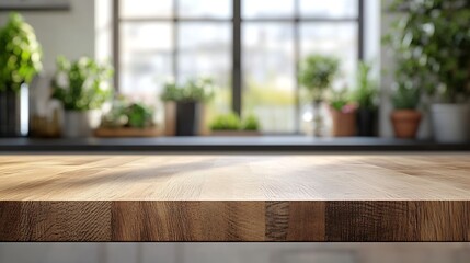 Poster - selective focusend grain wood counter top with cutting board on blur kitchen in morning window backg