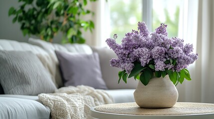 Poster - Beautiful living room with bouquet of lilacs branches on coffee table cozy sofa and cushions : Generative AI