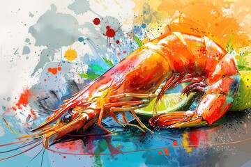 A shrimp is on a lime, with a splash of color in the background