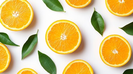 Poster - Orange fruit with orange slices and leaves isolated on white background Orange with clipping path : Generative AI