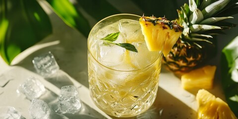 Wall Mural - Pineapple juice with ice, garnished with fruit and mint.