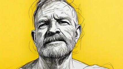 Poster - Bearded Man Pondering Against a Yellow Backdrop Generative AI