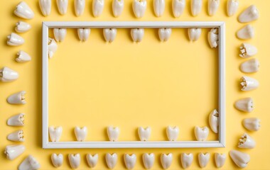 Wall Mural - Dental model teeth on yellow. Frame with copy space