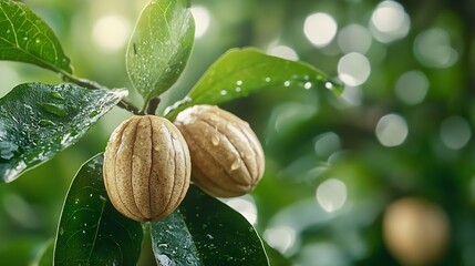 Poster - Nutmeg is a plant in the form of a tree that originates from the Banda Islands Maluku The fruit is oval in shape One fruit produces one white seed when it is young and dark brown when  : Generative AI