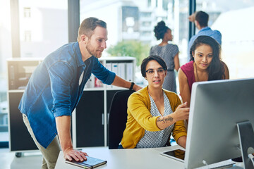Aufkleber - Business people, tablet and meeting in office for research, teamwork and brainstorming ideas. Digital agency, tech and discussion in workplace for collaboration, web design and mobile app development