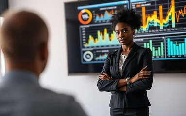 Wall Mural - black woman presenting at office in front of screen with data charts diversity and inclusion