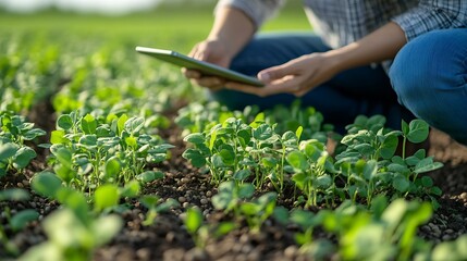 Fototapete - Smart farming soybean technology Female farmer with digital tablet examines and checkins roots of soya plants in field Agronomist controls the growth and development of sprouts before  : Generative AI