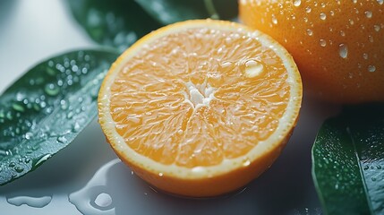 Poster - Orange fruit isolate Orange citrus with drops on white background Whole wet orange fruit with leaves Full depth of field : Generative AI