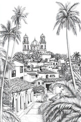 La Romana, Dominican Republic, black and white pen pencil hand-drawn effect portrait drawing illustration for travel poster, card, wallpaper, backdrop or banner. Modern, clear, artistic and simple