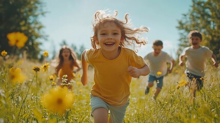 Happy kids diversity and running with friends in nature for fun playful day or summer at park Group of excited children or youth enjoying sunny outdoor holiday or weekend on grass fiel : Generative AI