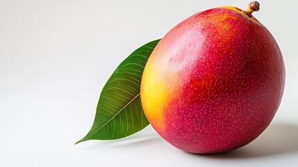 Poster - Closeup ripe mango tropical fruit with leaves isolated on white background : Generative AI