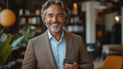 Canvas Print - Smiling businessman holding a phone.