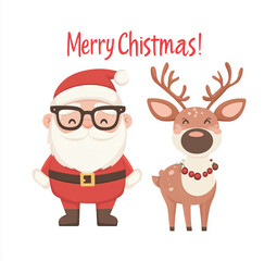 Sticker - A cute cartoon Santa Claus in his sleigh pulled by reindeer, the text  Merry Christmas