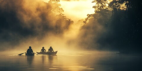 Sticker - Silhouetted figures paddle canoe through misty sunrise.