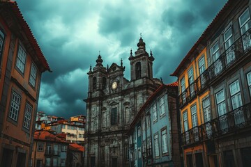 Wall Mural - A Church Tower with a Clock Under a Cloudy Sky, Nestled Among European Buildings