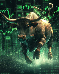 Wall Mural - A powerful bull charging upwards with glowing green stock arrows and digital trading