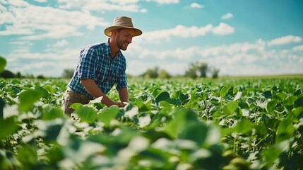 Fototapete - Farmer agronomist on a soybean field Agricultural industry : Generative AI