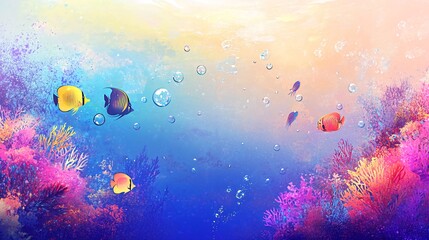 Wall Mural - Vibrant underwater scene with colorful coral reefs, fish, and bubbles in a dreamy blue and yellow light.