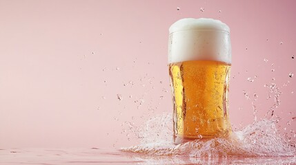 Poster - Contemporary art collage Man jumping into giant glass of lager foamy beer isolated over pink and white background Concept of alcohol addiction party taste Pop art Copy space for ad : Generative AI