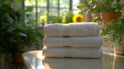 Wall Mural - A stack of plush white towels neatly arranged on a wooden surface in a sunlit bathroom