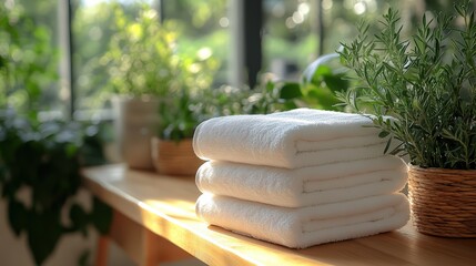 A stack of plush white towels neatly arranged on a wooden surface in a sunlit bathroom