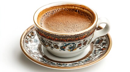 Turkish coffee in classic coffee cup on an isolated white background : Generative AI