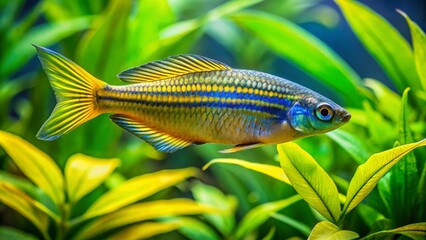 Vibrant yellow and blue striped banded rainbowfish swim in unison amidst lush green aquatic plants in a serene, well-lit freshwater aquarium environment.