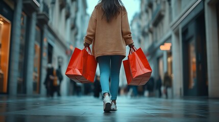 Back view of a young woman walking down an urban street carrying shopping bags and wearing sneakers The modern shopaholic is always on the go : Generative AI