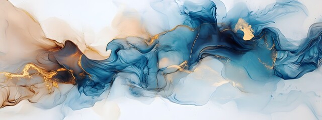 An abstract watercolor painting of flowing liquid gold and silver, in light blue and dark gray tones with hints of copper on a white background