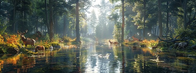 Poster - Serene Forest Stream with Deer