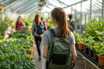 Students walking in greenhouse with plants