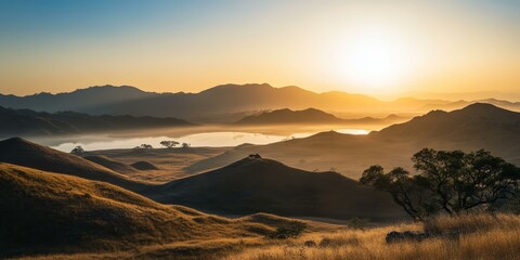 Sticker - Sunrise over a lake in a mountain valley.