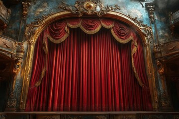 opulent theater with rich red velvet curtains dramatically lit from above gold tassels and ornate details add to the sense of grandeur and anticipation before a performance