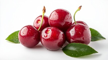 Poster - Cherry isolated Fresh ripe cherries with leaves isolated on a white backgroundSweet cherries pile Berries and fruits Vegan Healthy eating : Generative AI