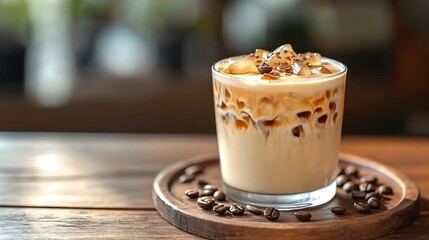 Poster - Iced latte coffee on wooden table white background Cold beverage in summer : Generative AI