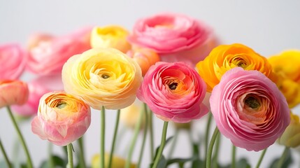 Wall Mural - Ranunculus flowers Pink and yellow flowers on a white background Blossoming Beauty Colorful Bouquet of Fresh Spring florals in a Studio Setting : Generative AI