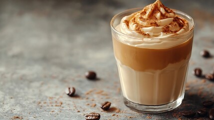 Poster - Dalgona coffee or whipped instant coffee New popular food and drink trend Light background one glass with copy space : Generative AI