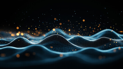 Poster - Image of horizontal lines of blue particles and undulating 3d landscape on black background. Communication technology, abstract digital interface background concept digitally generated image.