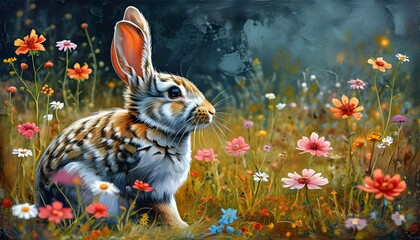 Wall Mural - Whimsical Fantasy Rabbit Amidst Blossoms in Grungy Noise Textured Field