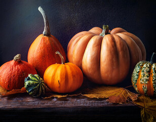 Wall Mural - Different kind of pumpkins closeup. Halloween and autumn background