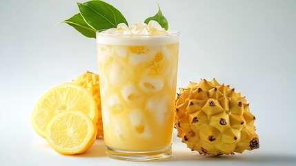 Poster - Annona glabra Fruity cold iced tea or yellow soursop fruit tea isolated on white background with salted milk foam cream topping trendy summer drink menu of Vietnam local fruits : Generative AI