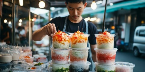 Wall Mural - Man selling fruit shaved ice desserts.