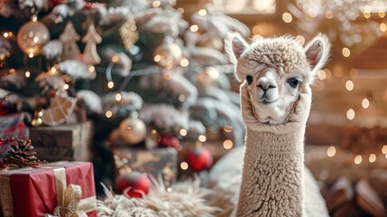 Wall Mural - A baby llama is standing in front of a Christmas tree