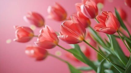 Wall Mural - Tulip flowers falling into beautiful bouquet on pink background : Generative AI