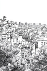 LHospitalet de Llobregat, Spain, black and white pen pencil hand-drawn effect portrait drawing illustration for travel poster, card, wallpaper, backdrop or banner. Modern, clear, artistic and simple