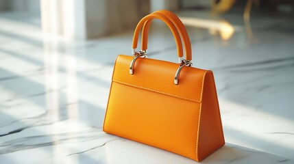 Wall Mural - Women s bag Luxury orange leather handbag on white background on marble floor A elegant bag is see from front side Fashionable trendy : Generative AI